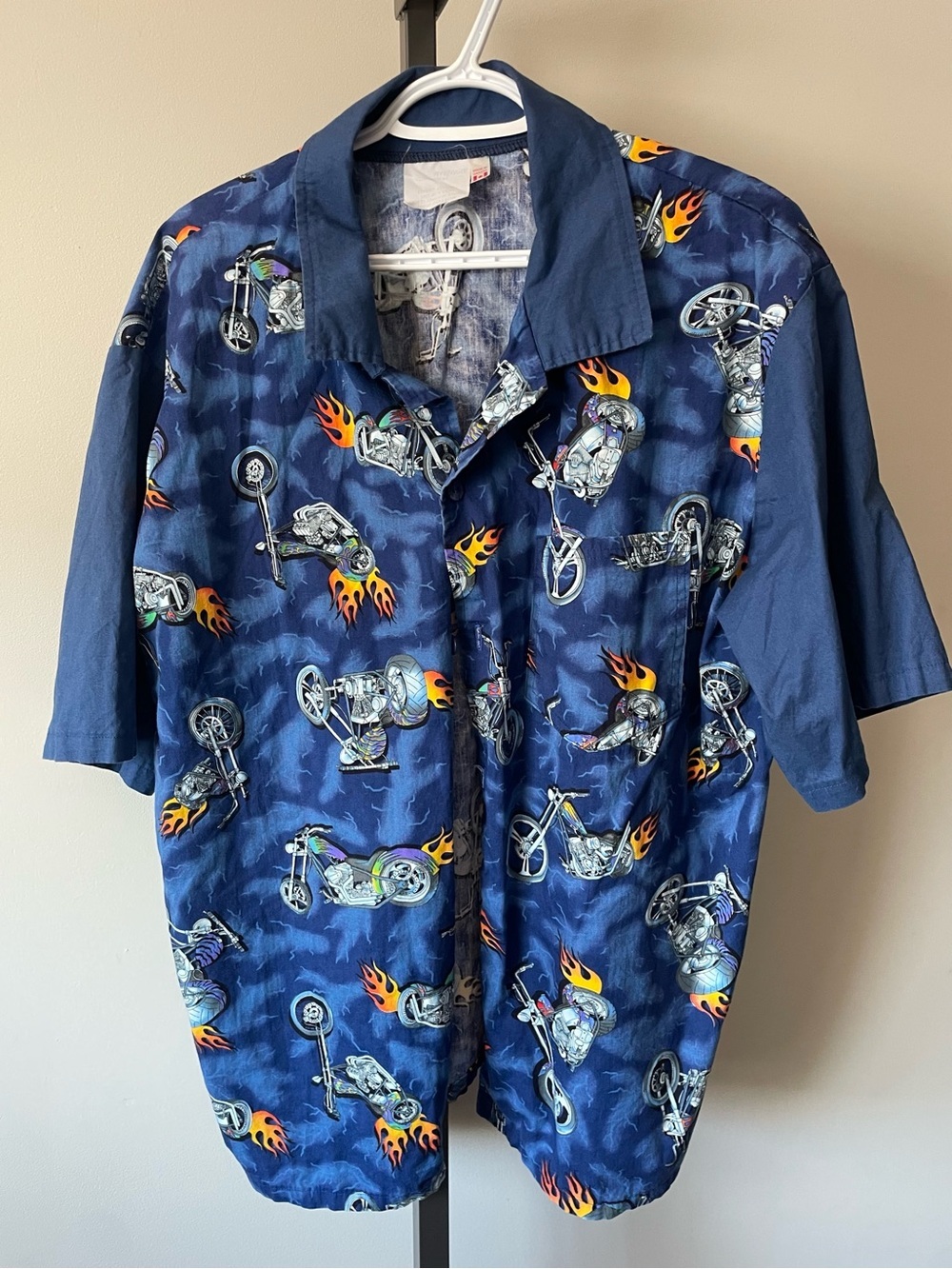 Vintage 90s Y2K Chopper Motorcycle Flame Button Up Shirt Biker Retro Novelty